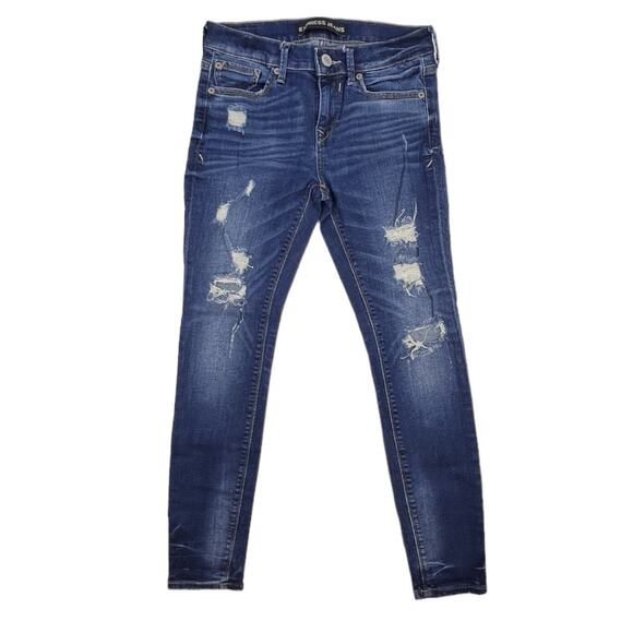 Express Jeans Mid Rise Ripped Distressed Denim Dark Blue Wash Leggings Womens 0 - Picture 1 of 7
